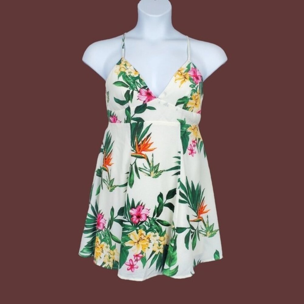 Forever 21 Womens Sleeveless Ivory Floral Tropical Print Mini Dress Size L NWT